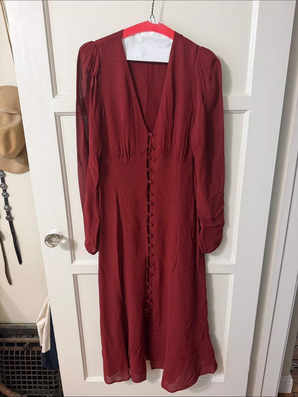 Reformation Long-Sleeve Button-Front Midi Dress in Burgundy